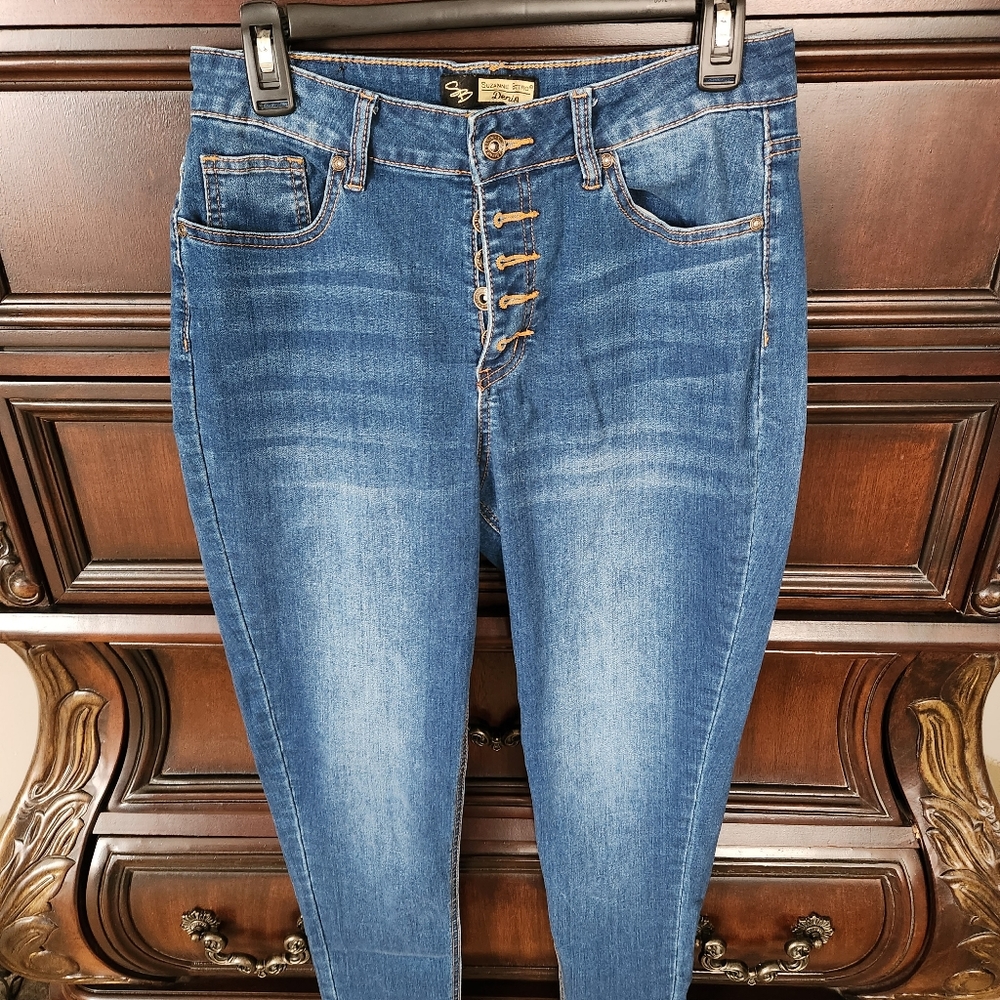 Suzanne Betro Button Fly High Rise Skinny Jeans Blue